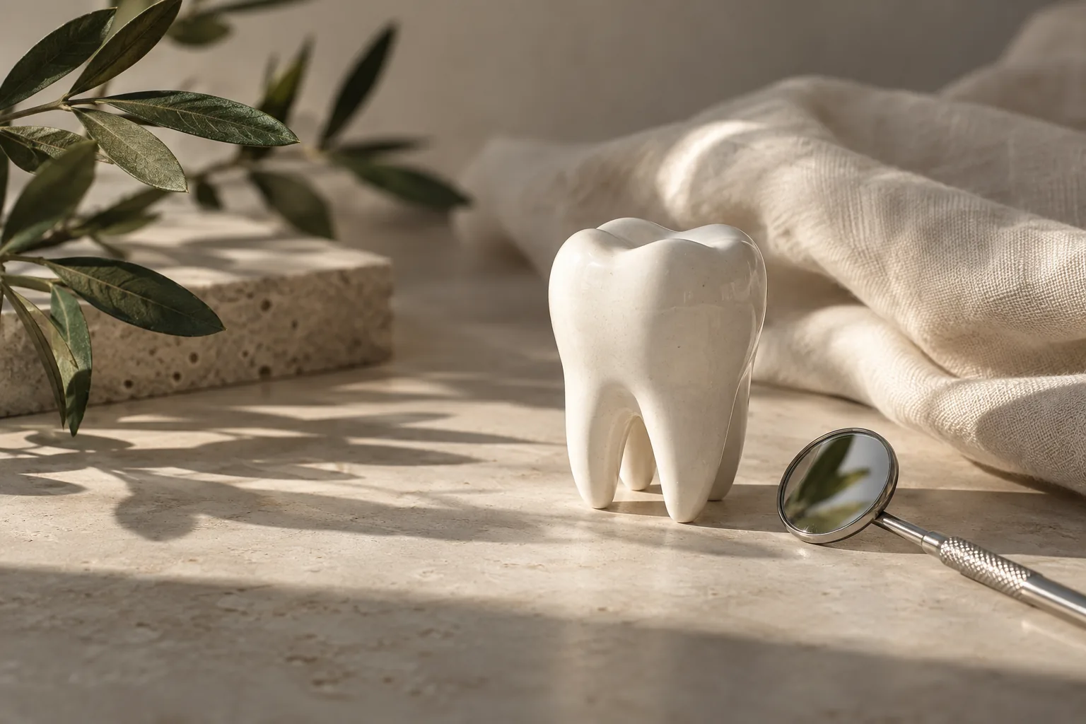 Composição editorial com modelo cerâmico de dente, espelho odontológico e folhas